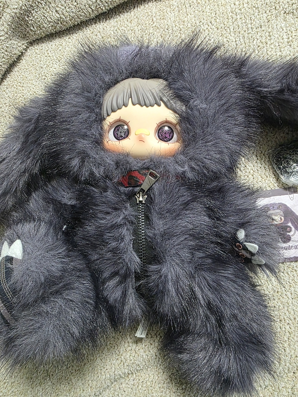 Handmade Faux Fur Black Plush Doll with Hooded Zipper